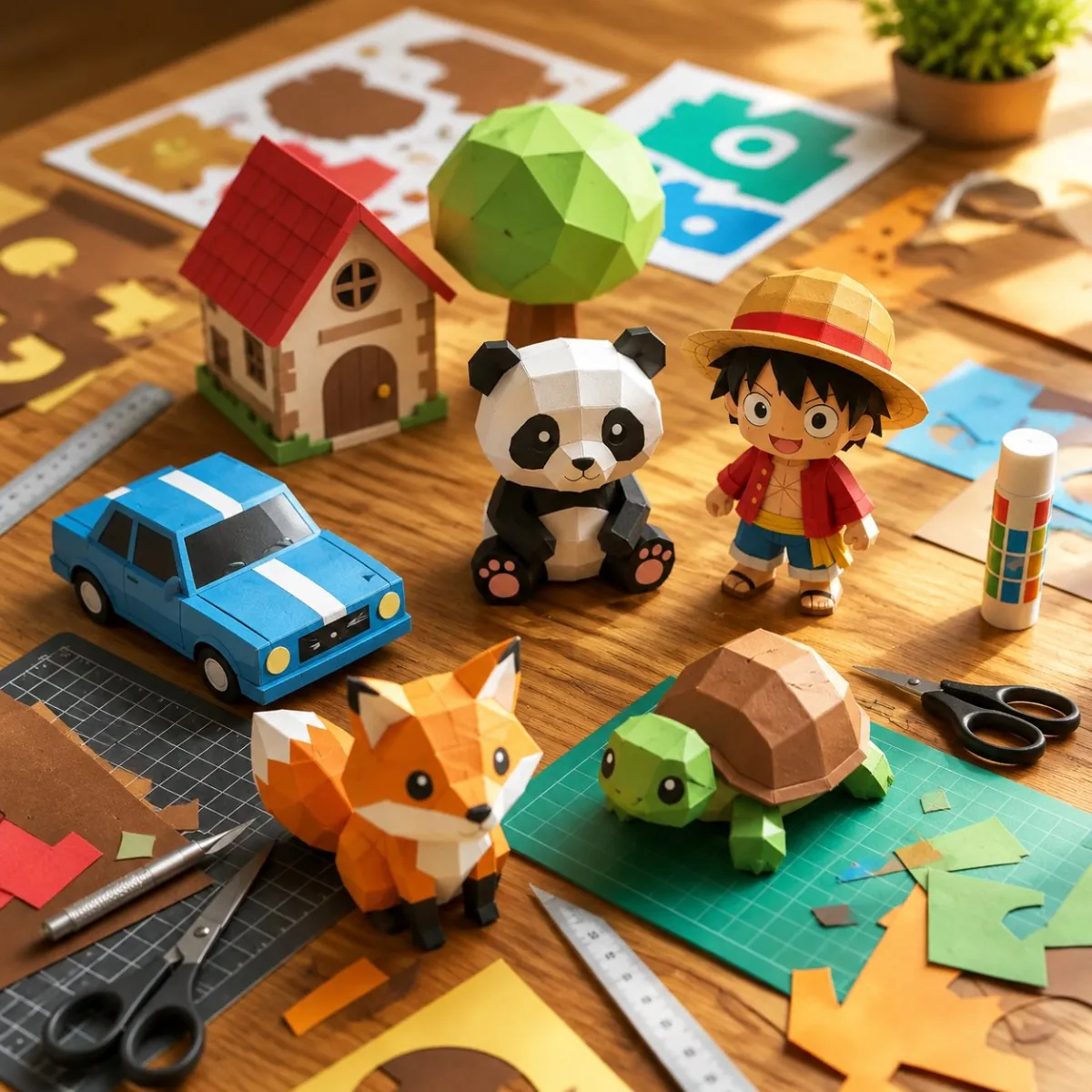 Moldes imprimíveis montados: casa, panda, raposa, tartaruga, carro e personagem